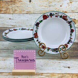 Cooks Club FALLS CHURCH Christmas Colorful Town Scene On Rimmed Soup Bowls Set 4